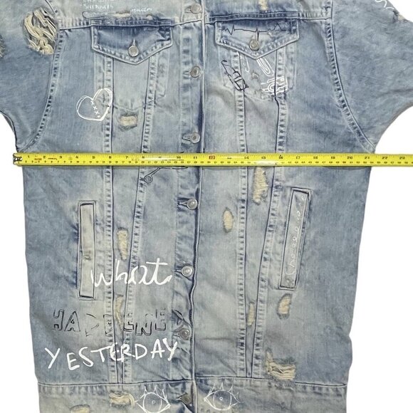 ZARA TRAFALUC DENIM Destroyed Graffiti Long Jean Jacket Women Small 90s Grunge - Picture 12 of 16
